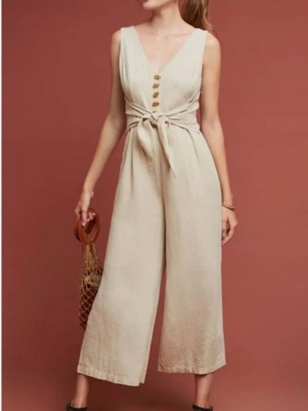 Anthropologie Maeve "Getaway" Linen Wide-Leg Jumpsuit - Oatmeal Beige Size 8 EUC